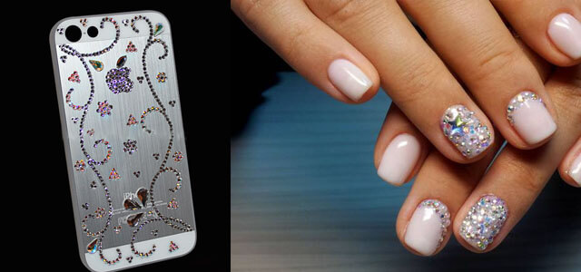 украшение смартфона и ногтей стразами